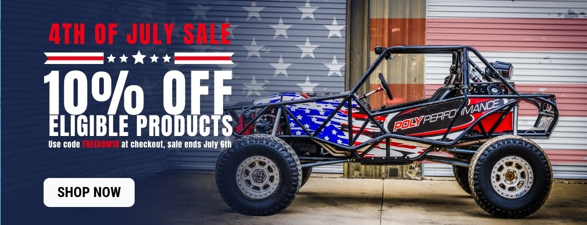 Red, White and Built Sale banner. Save 10% on eligible off-road parts with code FREEDOM10 during Poly Performance's 4th of July sale, plus shop limited-time deals from select off-road brands.