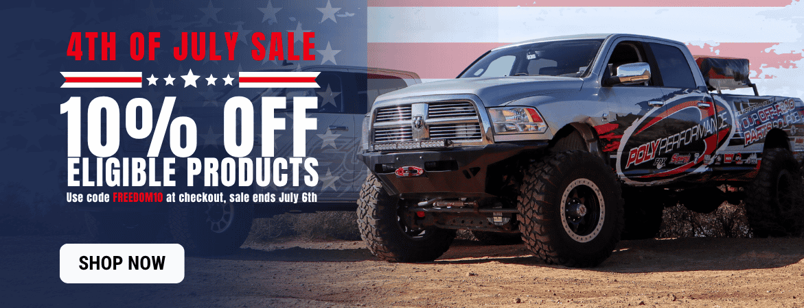 Red, White and Built Sale banner. Save 10% on eligible off-road parts with code FREEDOM10 during Poly Performance's 4th of July sale, plus shop limited-time deals from select off-road brands.