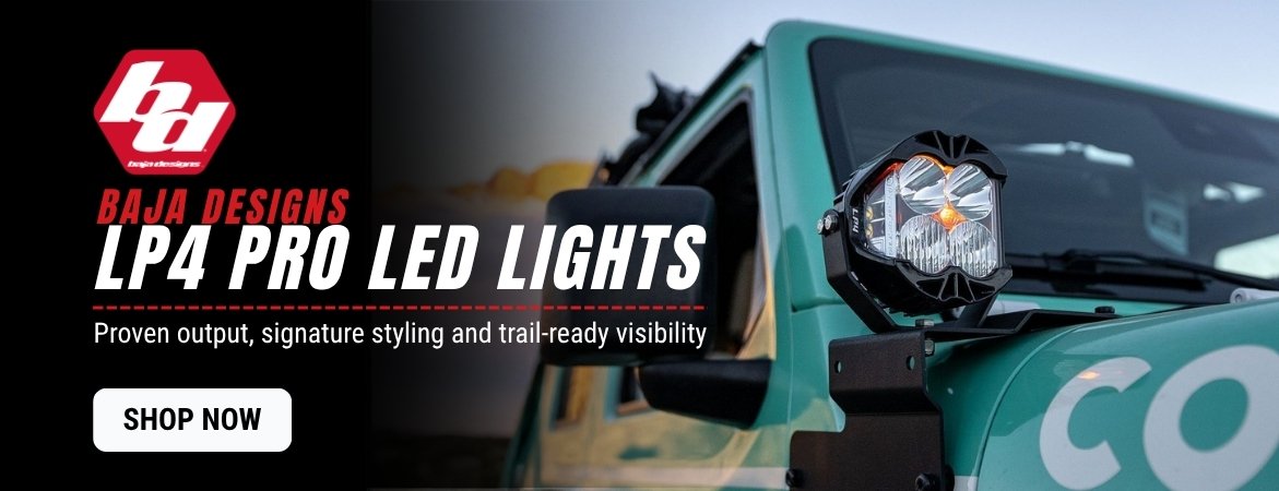 Baja Designs LP4 Pro LED lights banner. Shop popular off-road auxiliary lights with proven output and trail-ready visibility in a compact package.