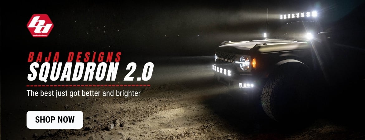 Baja Designs Squadron 2.0 LED lights banner. Shop popular off-road auxiliary lights with proven output and trail-ready visibility in a compact package.
