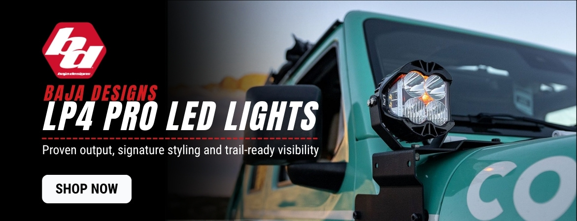 Baja Designs LP4 Pro LED lights banner. Shop popular off-road auxiliary lights with proven output and trail-ready visibility in a compact package.