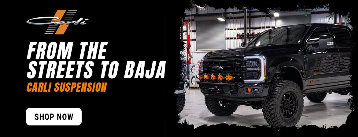 Carli Suspension banner. From the streets to Baja, shop suspension systems and components built for improved ride quality, control, and off-road performance.