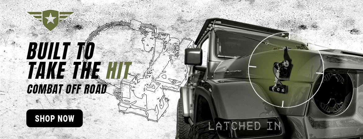 Combat Off Road banner featuring Jeep upgrades built to take the hit. Shop billet hood latches, LED taillights, fuel containment doors, and trail-ready Jeep parts built for real Jeep use.