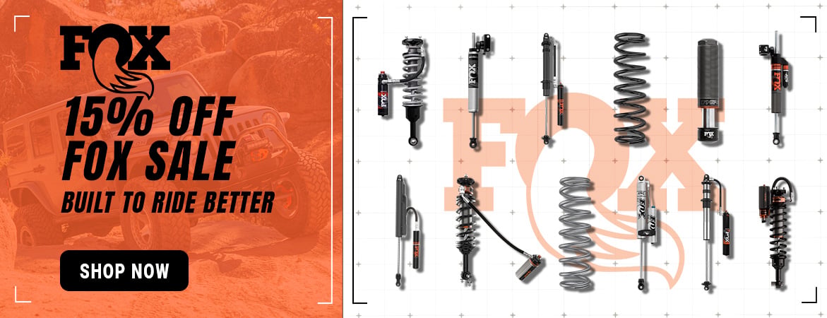 FOX Jeep Invasion Sale banner. Save 15% on eligible FOX shocks and suspension upgrades with code SMOKY15 for a limited time.