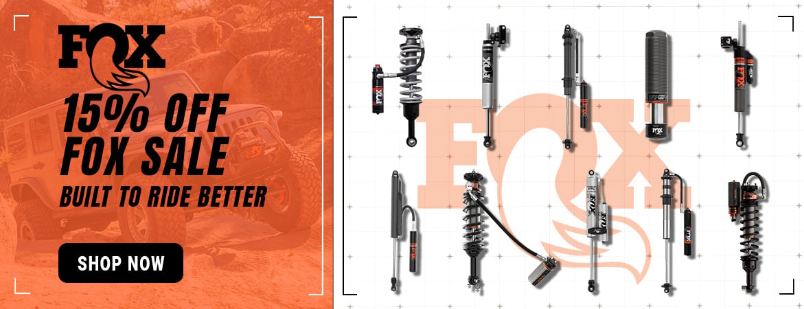 FOX Jeep Invasion Sale banner. Save 15% on eligible FOX shocks and suspension upgrades with code SMOKY15 for a limited time.