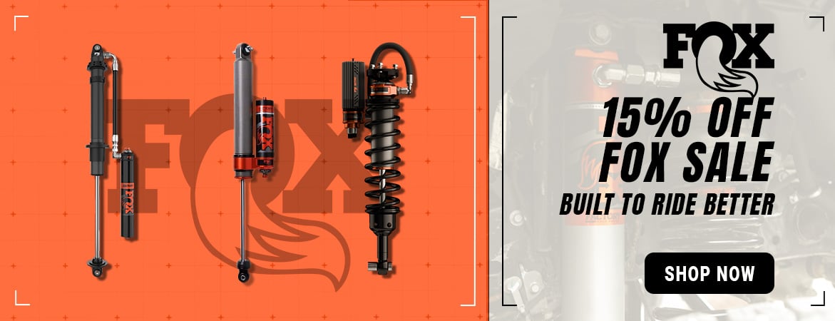 FOX Jeep Invasion Sale banner. Save 15% on eligible FOX shocks and suspension upgrades with code SMOKY15 for a limited time.