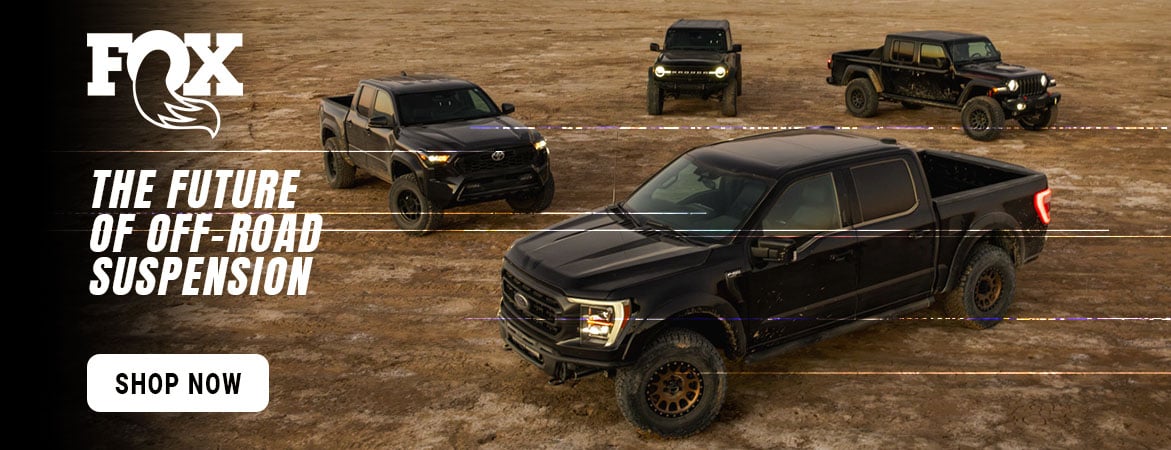 FOX Live Valve banner featuring advanced semi-active off-road suspension technology. The future of off-road suspension for Ford, Jeep, and Toyota builds.