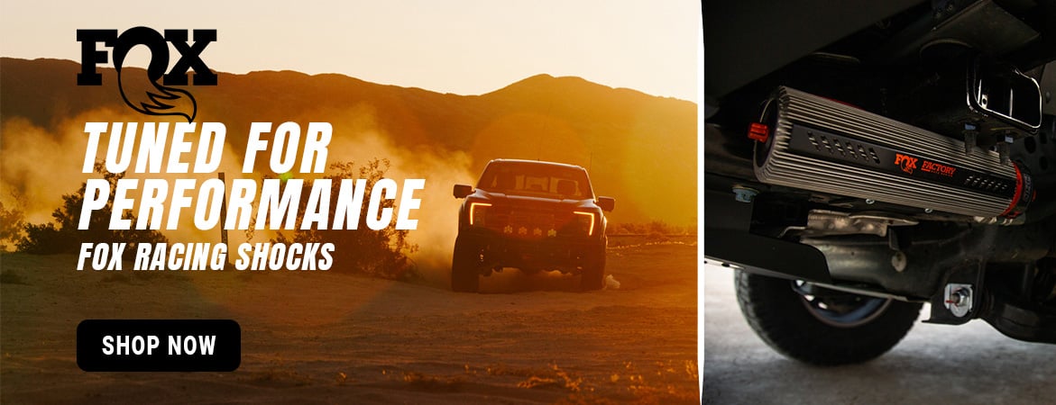 FOX Racing Shocks banner. Tuned for performance, shop shocks and suspension upgrades built for control, comfort, and off-road capability.