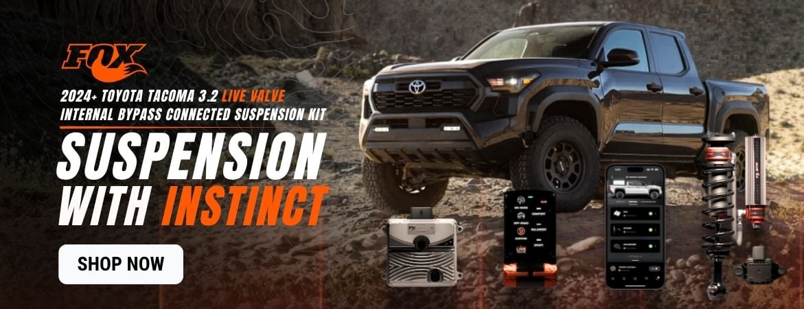 FOX 3.2 Factory Race Series Live Valve Coilover Kit for 2024+ Toyota Tacoma. Shop real-time electronic damping suspension with confident control for changing terrain.