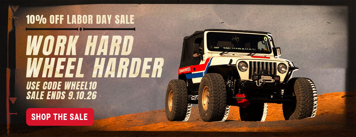 Poly Performance Labor Day Sale banner featuring the Work Hard, Wheel Harder campaign. Save 10% on eligible off-road parts with code WHEEL10 for a limited time.