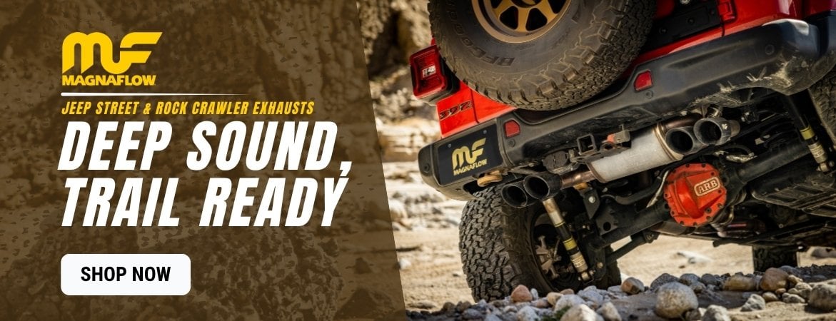 MagnaFlow Jeep exhaust systems banner. Shop Street Series and RockCrawler Series exhausts for deep sound, trail-ready performance, and Jeep applications.
