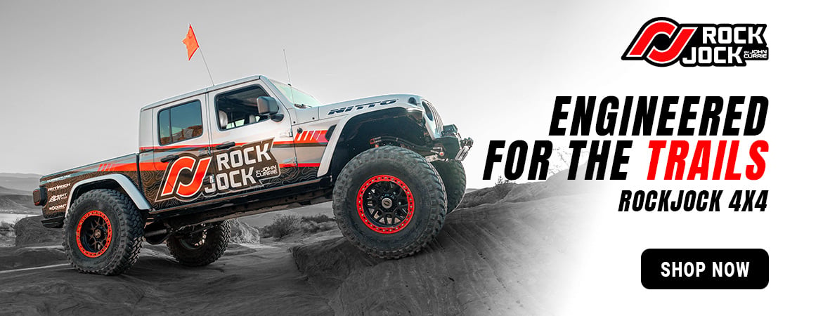 RockJock Engineered For The Trails banner featuring trail-ready steering and suspension upgrades for off-road Jeep and 4x4 builds.