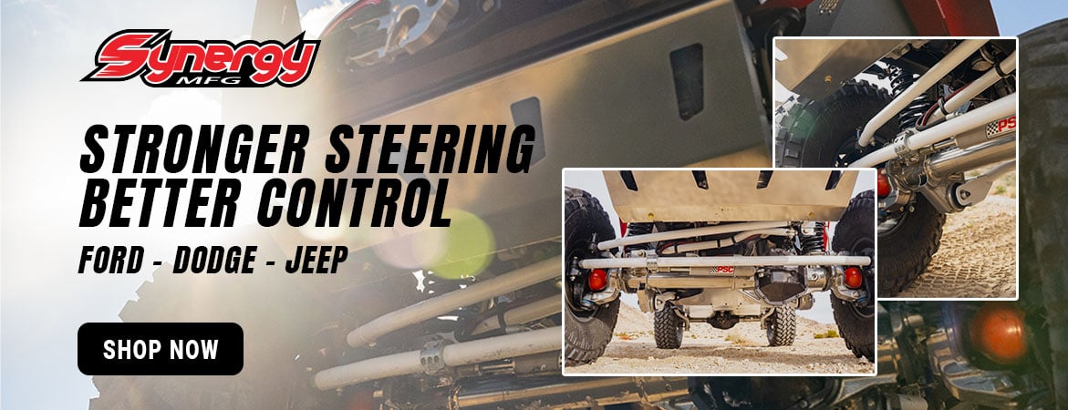Synergy MFG banner featuring a Ram truck. Shop heavy-duty steering, suspension, and axle upgrades for Dodge/Ram, Ford, Jeep, and other off-road builds.